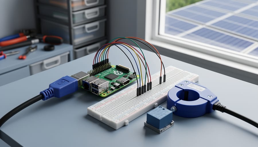 Raspberry Pi 4 connected to a breadboard with GPIO wires, a CT clamp around a power cable, and a relay module on a tidy workbench, with rooftop solar panels blurred outside a window under soft daylight.