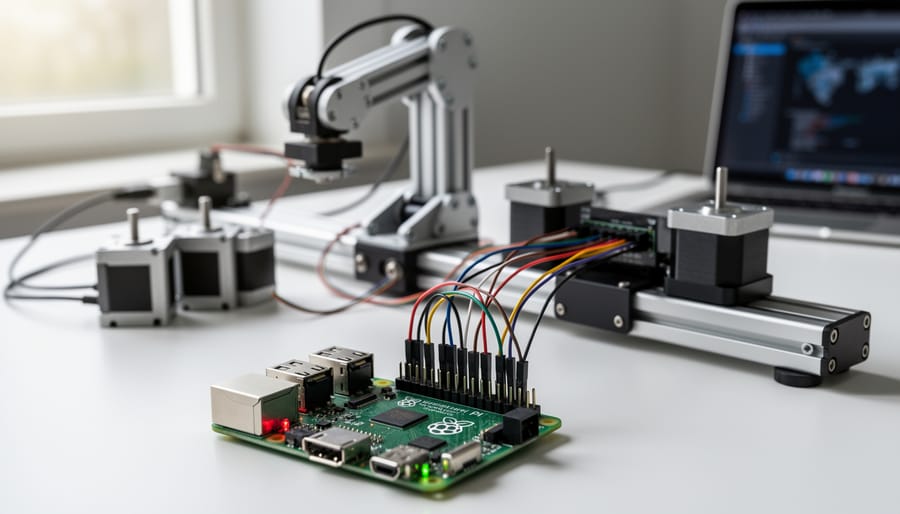 Raspberry Pi GPIO pins connected to robotic control wiring and motor drivers