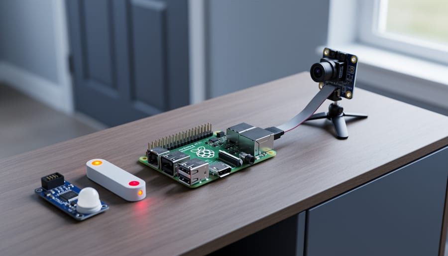 Raspberry Pi 4 connected to a camera module on a small stand with a PIR motion sensor and magnetic door sensor on a wooden console, softly lit by window light, with a blurred front door and hallway in the background.