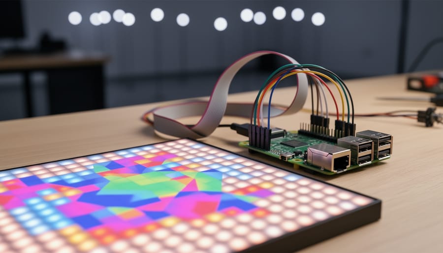 Raspberry Pi board connected to colorful LED matrix display on workbench