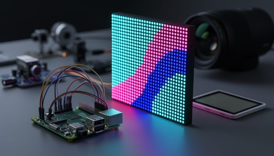 Raspberry Pi wired to a 64x64 RGB LED matrix displaying flowing neon patterns on a dim workbench, with soft side lighting and blurred sensors, projector lens, and an e-paper display in the background.
