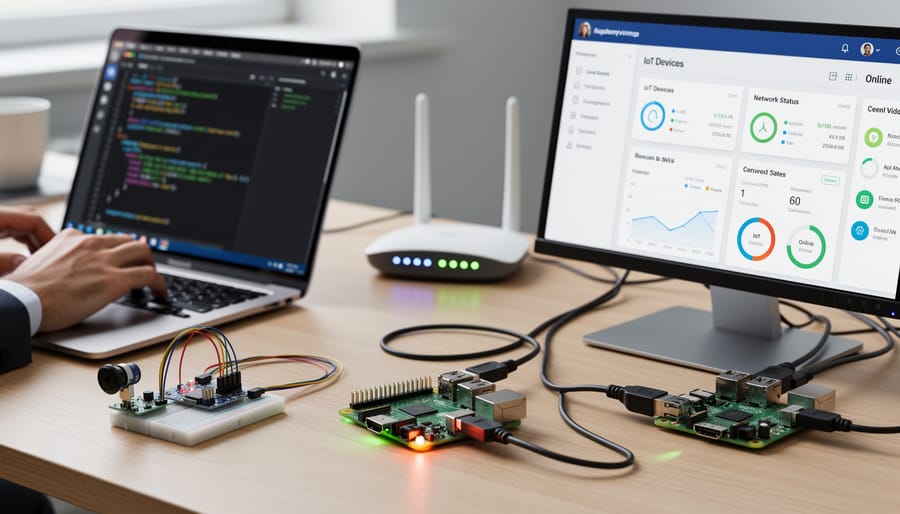 Raspberry Pi board connected to network cable on workspace desk