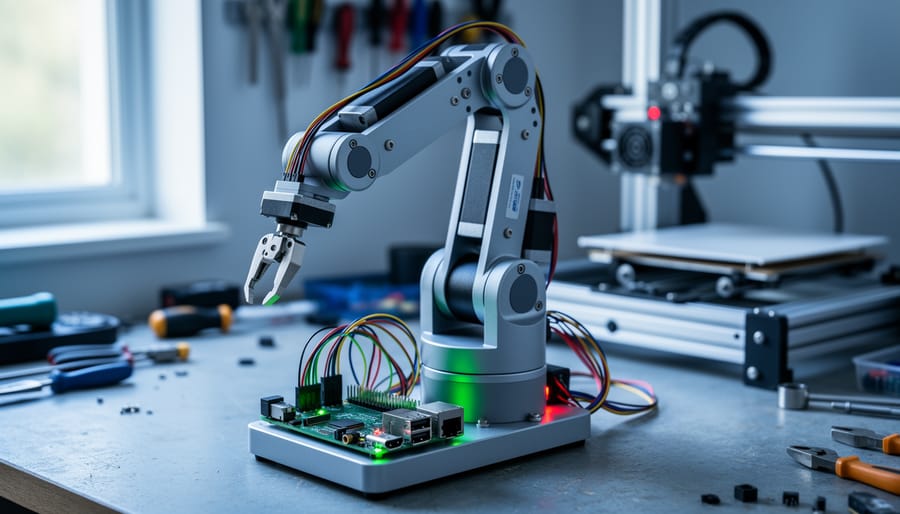 Desktop robotic arm on a maker workbench controlled by a Raspberry Pi-based single-board computer, with stepper motors, wiring, and a gripper in focus against a softly lit workshop background with tools, a 3D printer, and CNC rails.