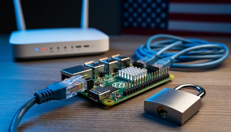 Close-up 45-degree view of a Raspberry Pi 4 with an Ethernet cable next to a small metal padlock on a desk, with a blurred home router, coiled cables, and a faint out-of-focus American flag in the background under dramatic cool side lighting