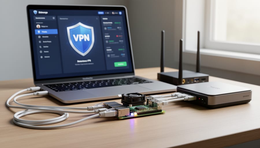 Raspberry Pi device configured as VPN server with status lights illuminated