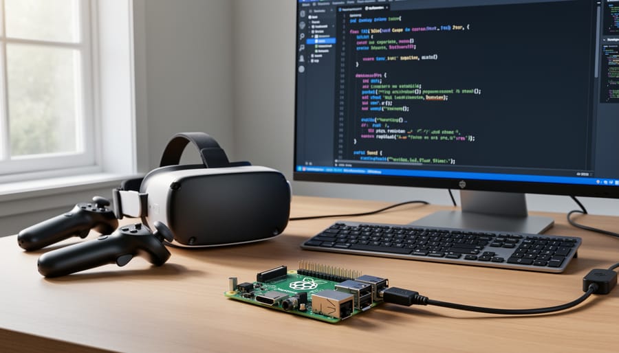 Raspberry Pi 4 board with VR development components on workbench