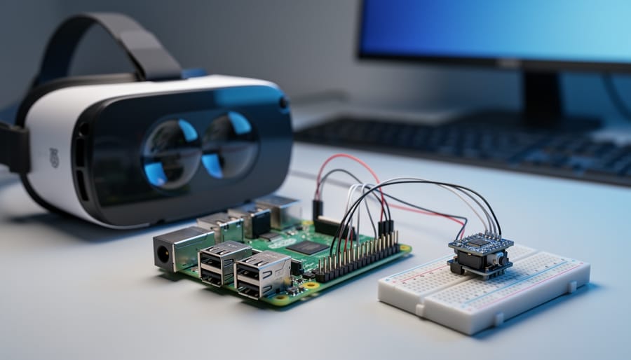 Raspberry Pi board wired to a VR headset and a small IMU sensor on a mini breadboard, seen from a 45-degree overhead angle with shallow depth of field, sharp focus on GPIO pins and connectors, and a softly glowing monitor blurred in the background.