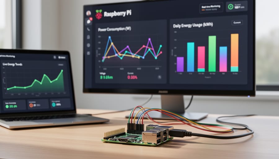 Raspberry Pi setup with power meter and monitoring dashboard on laptop screen