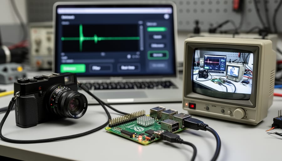 Monitor showing analog video being processed in real-time by Raspberry Pi