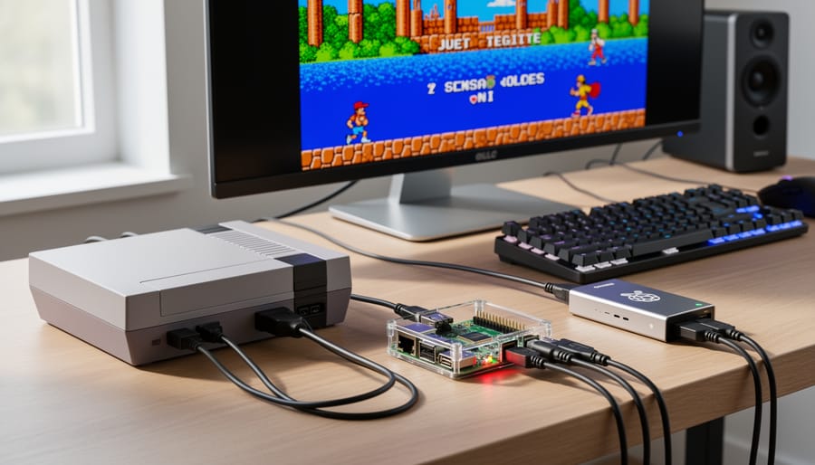 Vintage Nintendo console connected to Raspberry Pi for gameplay capture