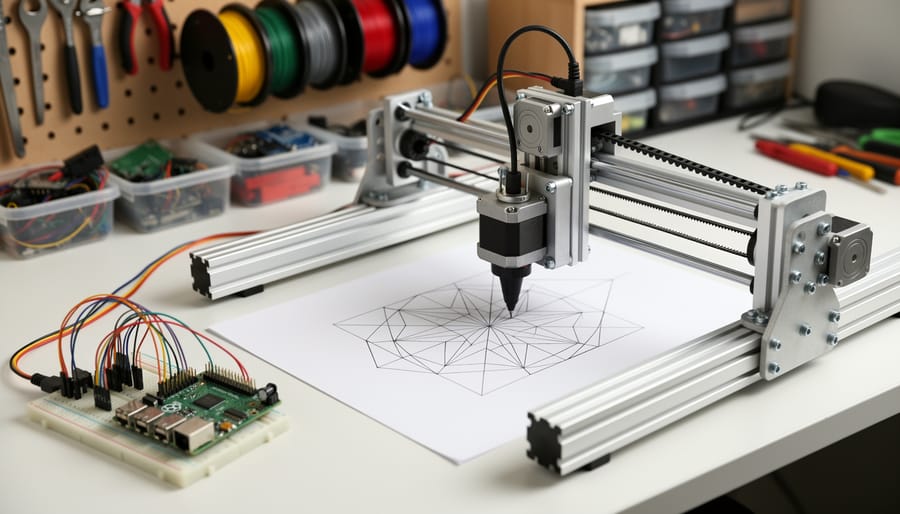 Robotic arm drawing geometric patterns on paper with attached pen