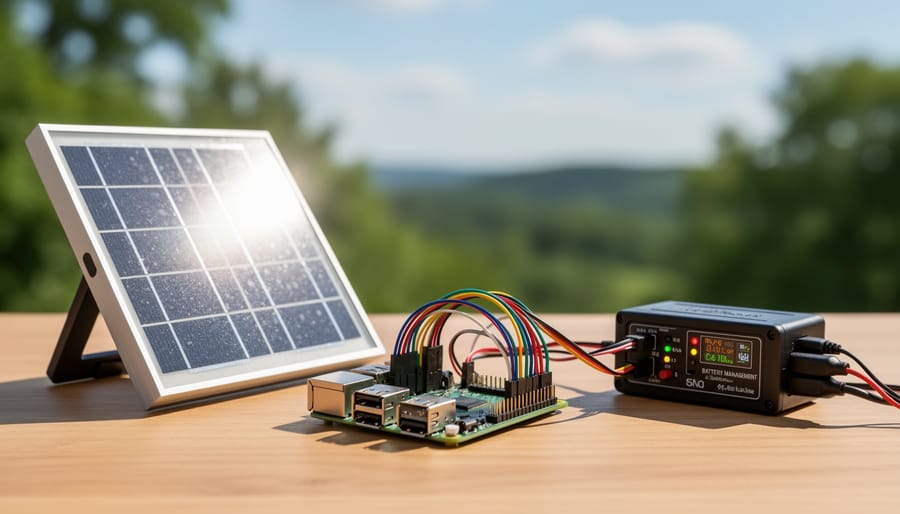 Solar panel with battery pack and charge controller powering Raspberry Pi in outdoor setting