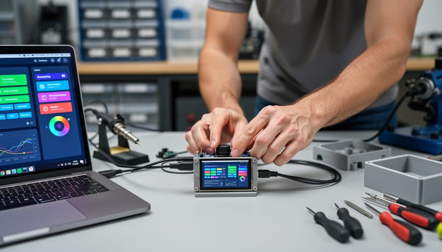 Designer testing Raspberry Pi interface mockup on smartphone next to prototype hardware