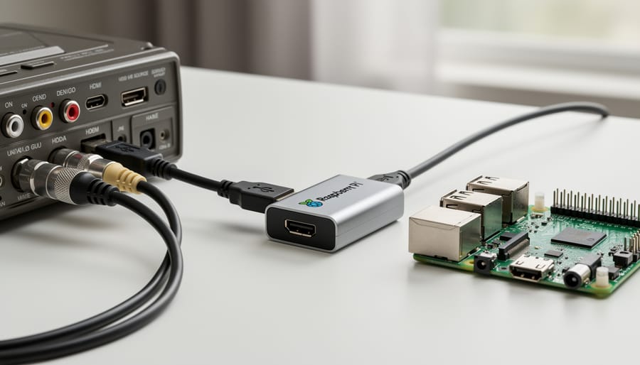 USB video capture dongle with RCA cables connected to Raspberry Pi board