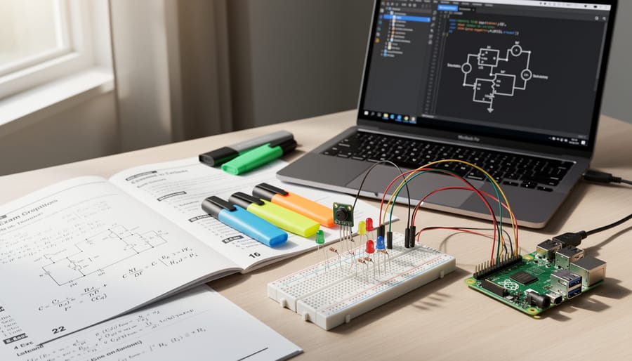 Close-up of a Raspberry Pi connected to a breadboard and jumper wires on a desk