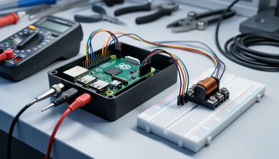 Raspberry Pi electronics kit on a lab bench with multimeter probes and jumper wires connected to power components.