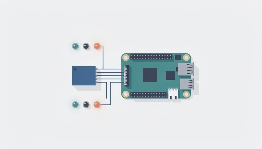 Relay module and indicator LEDs wired to a Raspberry Pi inside a clear enclosure