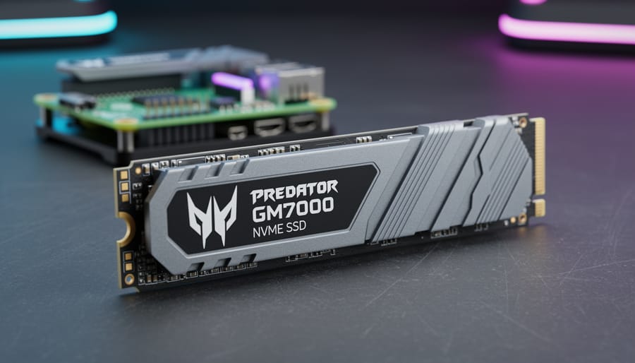 Close-up of the Acer Predator GM7000 NVMe SSD in M.2 2280 format on a dark workbench next to a Raspberry Pi 5 cooling adapter.