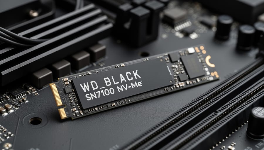 Close-up of a WD_BLACK SN7100 NVMe SSD resting on an anti-static mat next to a screwdriver and motherboard components.