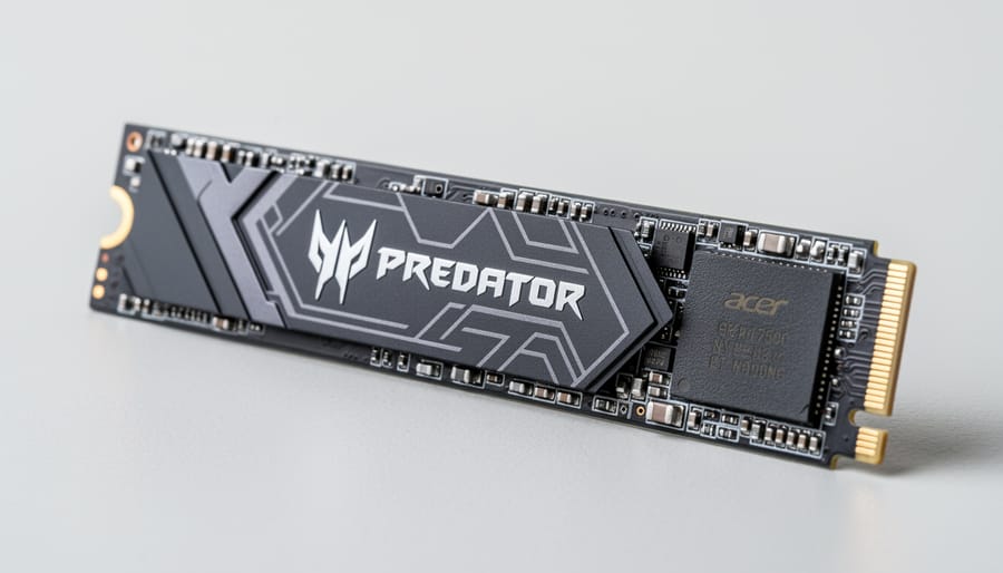 Close-up of the Acer Predator GM7000 NVMe M.2 2280 SSD on a dark workbench with soft studio lighting.