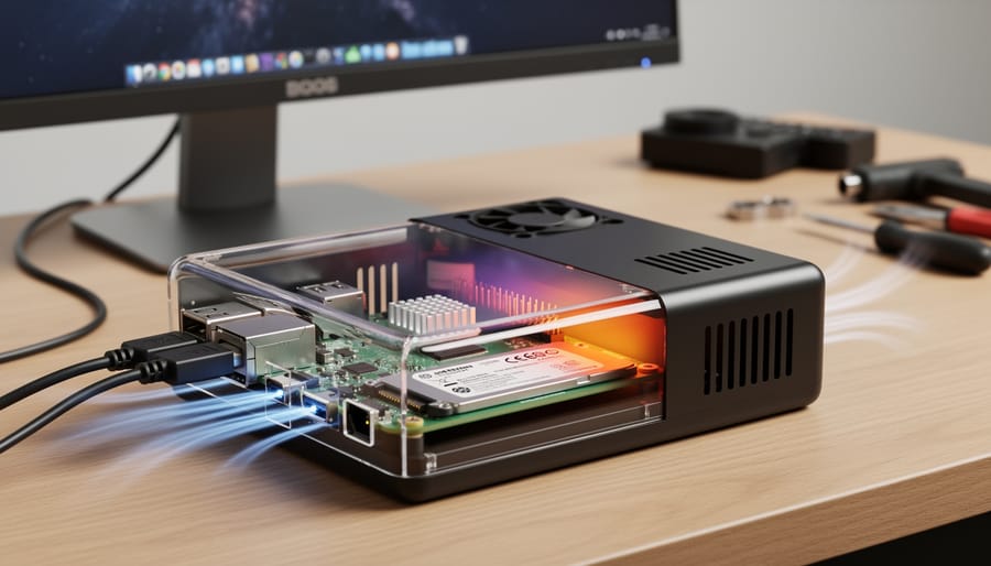 Close view of NVMe SSD cooling area within a Raspberry Pi enclosure with side lighting emphasizing heat management.