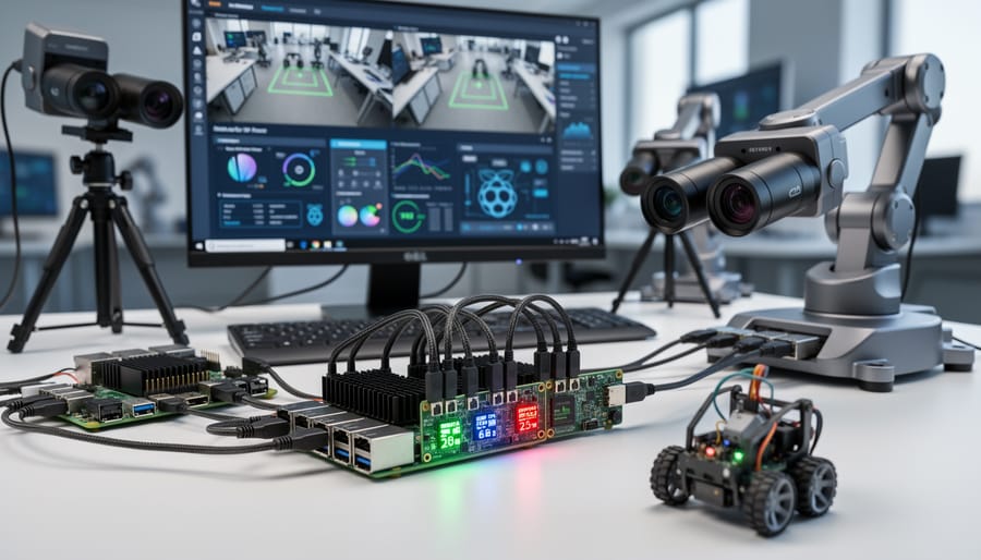 Compact edge AI hardware with a connected camera in a robotics-style workspace