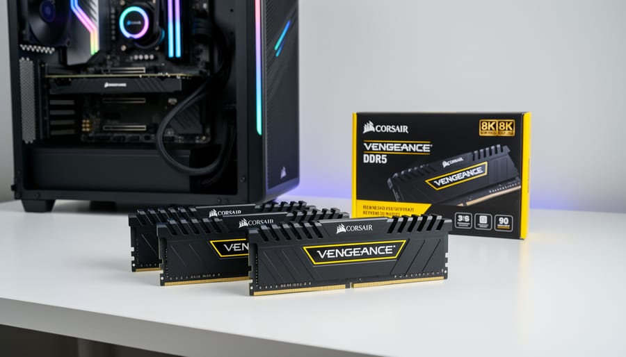 Corsair Vengeance DDR5 DIMM modules on a desk next to their memory kit packaging, with a blurred PC chassis in the background