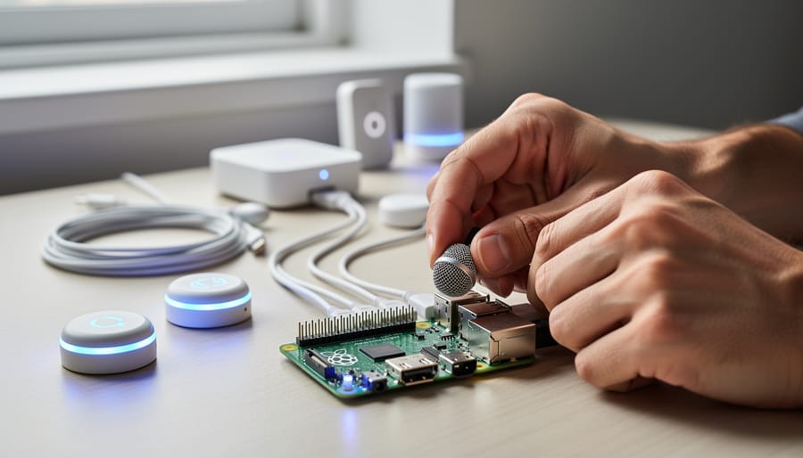 “Hands configuring a Raspberry Pi–based smart home AI assistant with a microphone module and small LED indicators on a desk.”