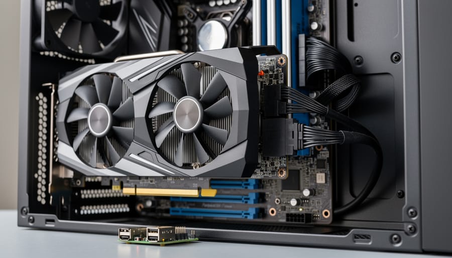 Desktop PC interior with a high-end graphics card installed on the motherboard