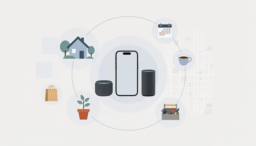 DIY voice-assistant hardware and sensors placed beside a notebook with household items in the background