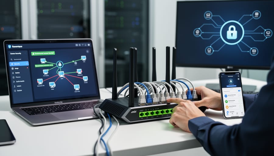Gloved hand connecting an Ethernet cable to a home router with status lights glowing