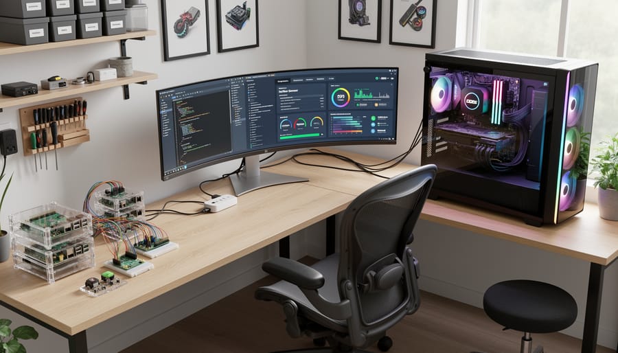 Home tech lab workspace showing a desktop PC and a Raspberry Pi connected by cables on a desk