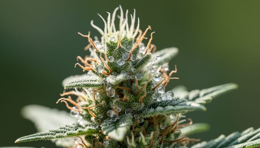 Macro close-up of hemp cannabis flower buds with visible trichomes