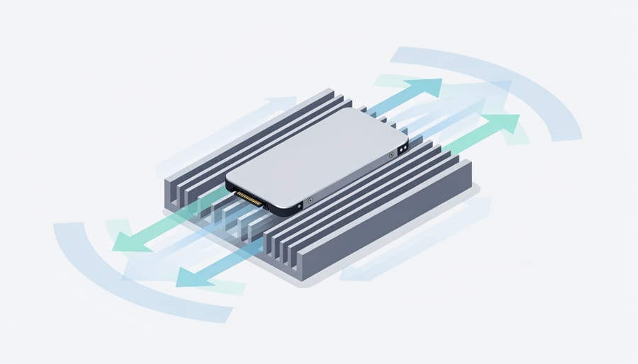 NVMe SSD with heatsink and thermal pad materials near a desktop fan to illustrate cooling for performance storage.