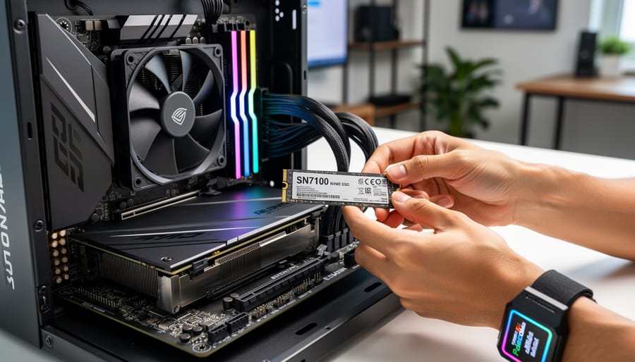 Person installing an NVMe SSD into an M.2 slot on a motherboard inside an open PC case.