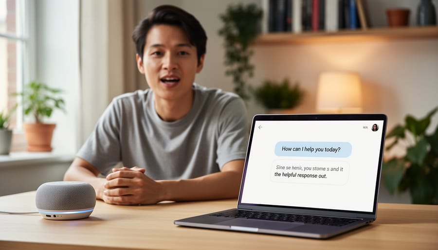 Person speaking near a desk microphone and smart speaker in a home setting