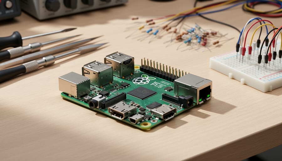Raspberry Pi 5 circuit board on a workbench with cables and tools blurred in the background