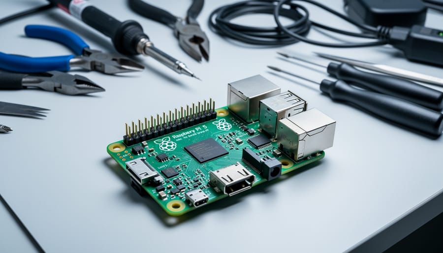 “Raspberry Pi 5 circuit board on an electronics workbench with tools and cables blurred in the background”