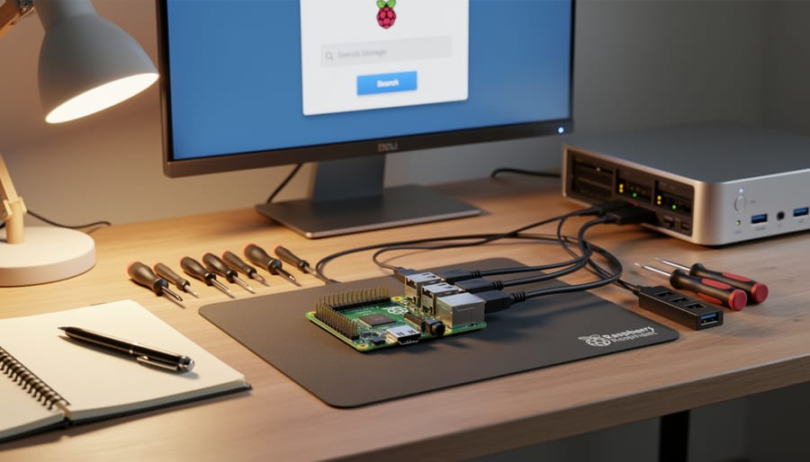 Raspberry Pi 5 setup on a desk with an NVMe adapter installed and the WD_BLACK SN7100 SSD partially visible.