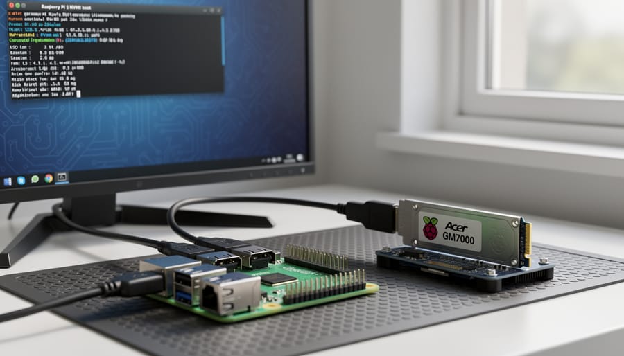 Raspberry Pi 5 with an M.2 2280 NVMe SSD installed in an open enclosure on a desk.