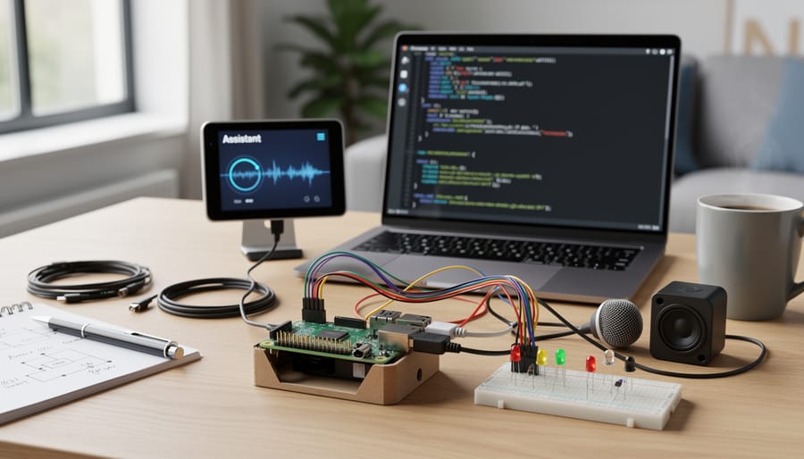 Raspberry Pi connected to a microphone in a DIY voice assistant setup on a desk