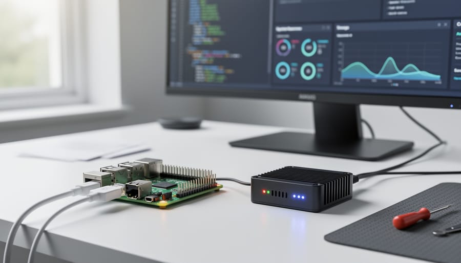 Raspberry Pi development board on a workbench connected to an external accelerator module