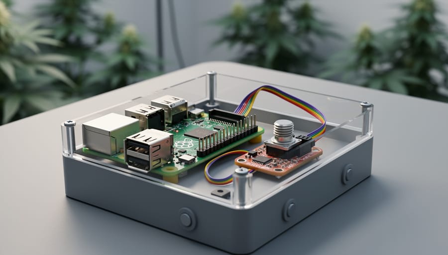 Close-up of a Raspberry Pi connected to a gas sensor module inside a small electronics enclosure on a workbench.