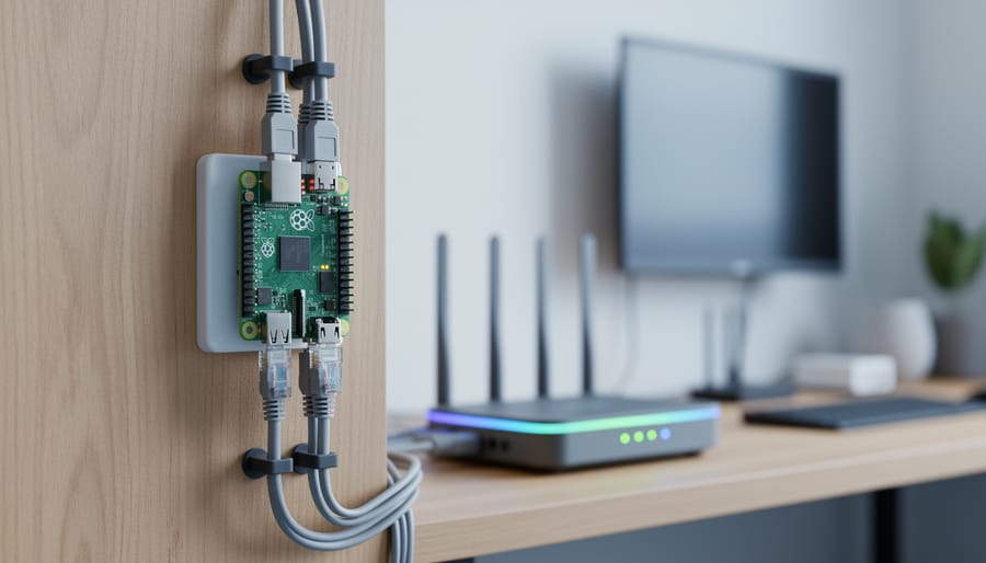 “Close-up of a Raspberry Pi connected via Ethernet cables beside a home router in a home network environment, suggesting ransomware prevention through secured device access.”