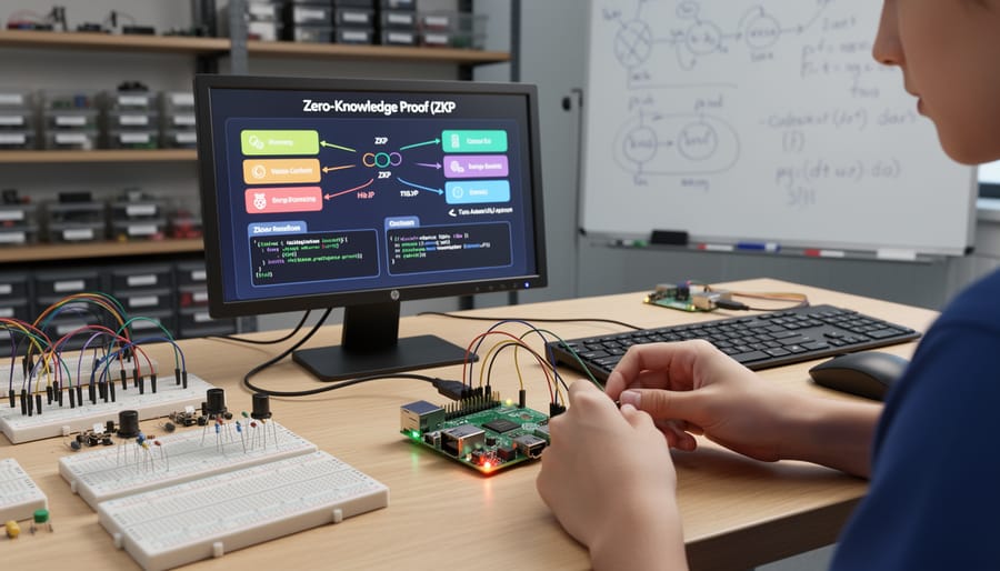 Raspberry Pi-like electronics board connected to a breadboard in a workshop under warm desk lighting