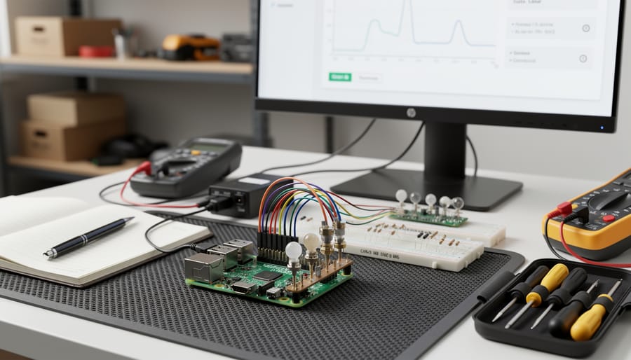 Raspberry Pi prototype with a breadboard, jumper wires, and an MQ gas sensor on a wooden workbench