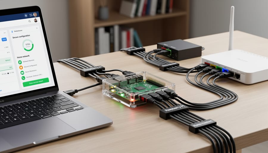 Raspberry Pi single-board computer mounted inside a small ventilated enclosure with Ethernet and power connections visible