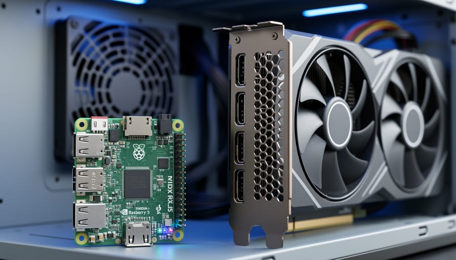 “Close view of a desktop graphics card inside a PC case next to a Raspberry Pi 5 circuit board, illustrating why the GPU cannot directly power or work with a Raspberry Pi.”