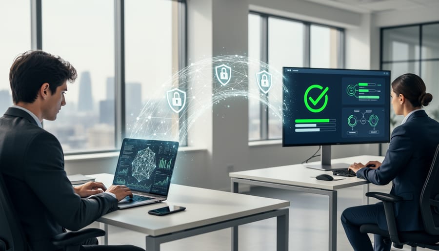 Two people in a server room with a small hardware token device, symbolizing secure verification without revealing private data