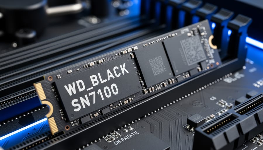 Close-up of a WD_BLACK SN7100 M.2 2280 NVMe SSD installed on an open PC motherboard slot with blurred heatsink components in the background.